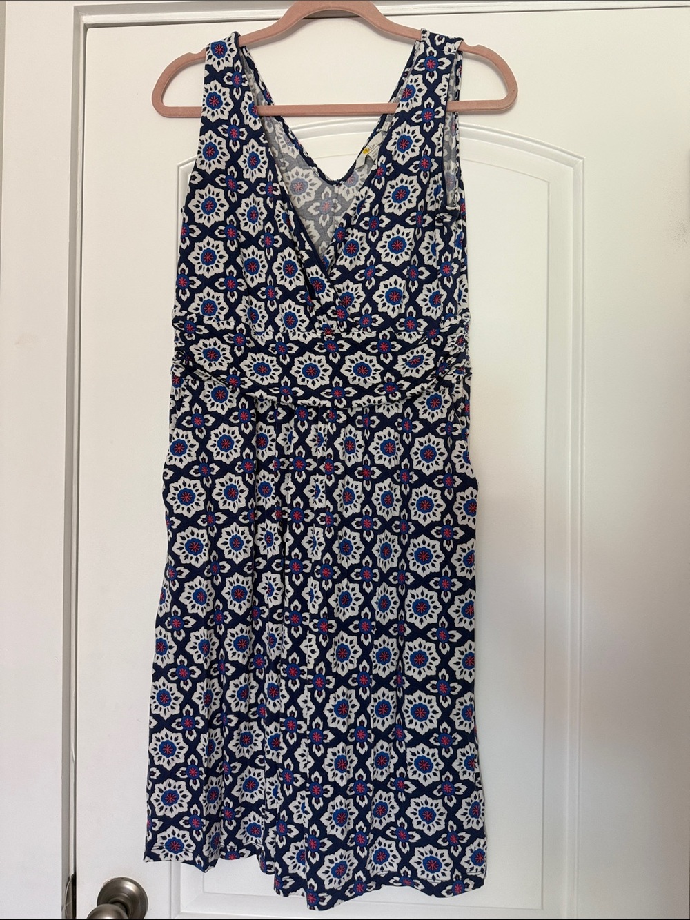 Boden Navy Floral-Geo Sleeveless Wrap Dress with Pink Accents